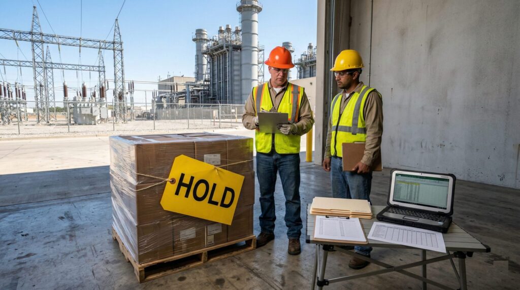 Workers inspecting package in warehouse.