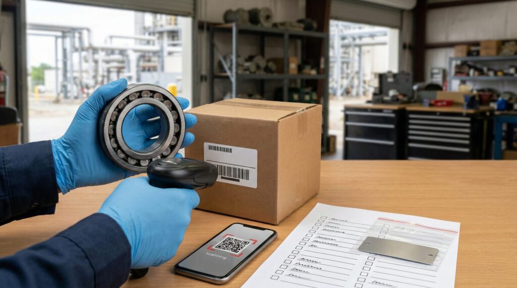 Person scanning barcode near equipment