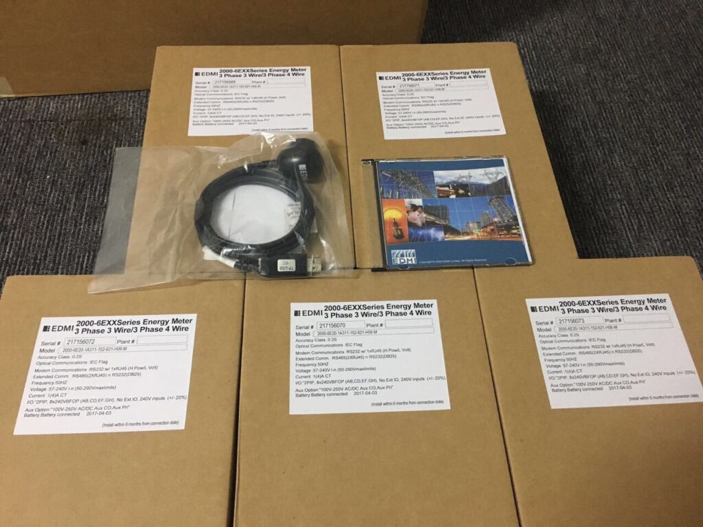 EDMI Mk6E meter packaging with boxes, cables, and software disc for Meghnaghat CCPP