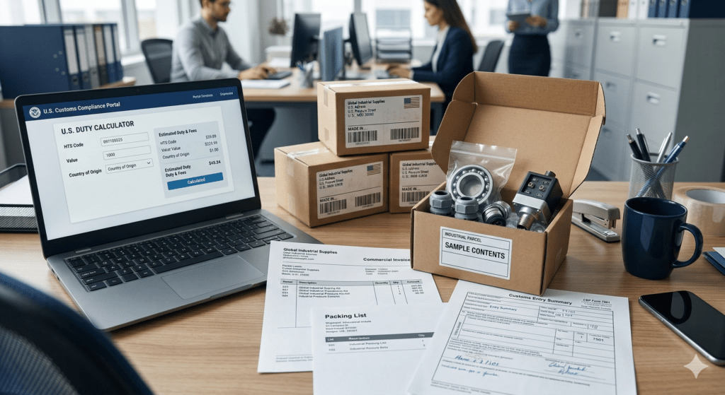 Office workspace with shipping materials.