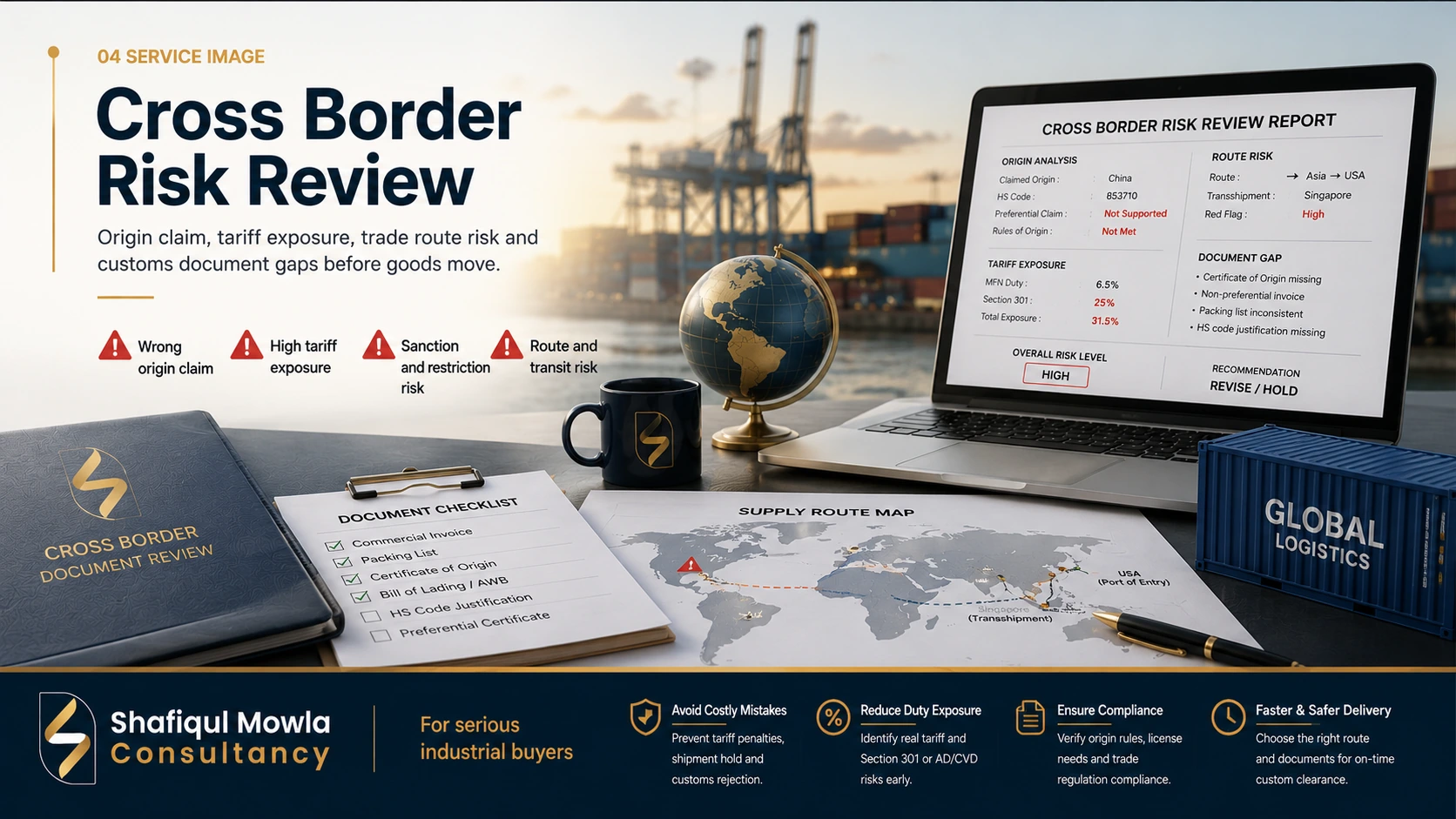 Cross border risk review for origin tariff and route exposure