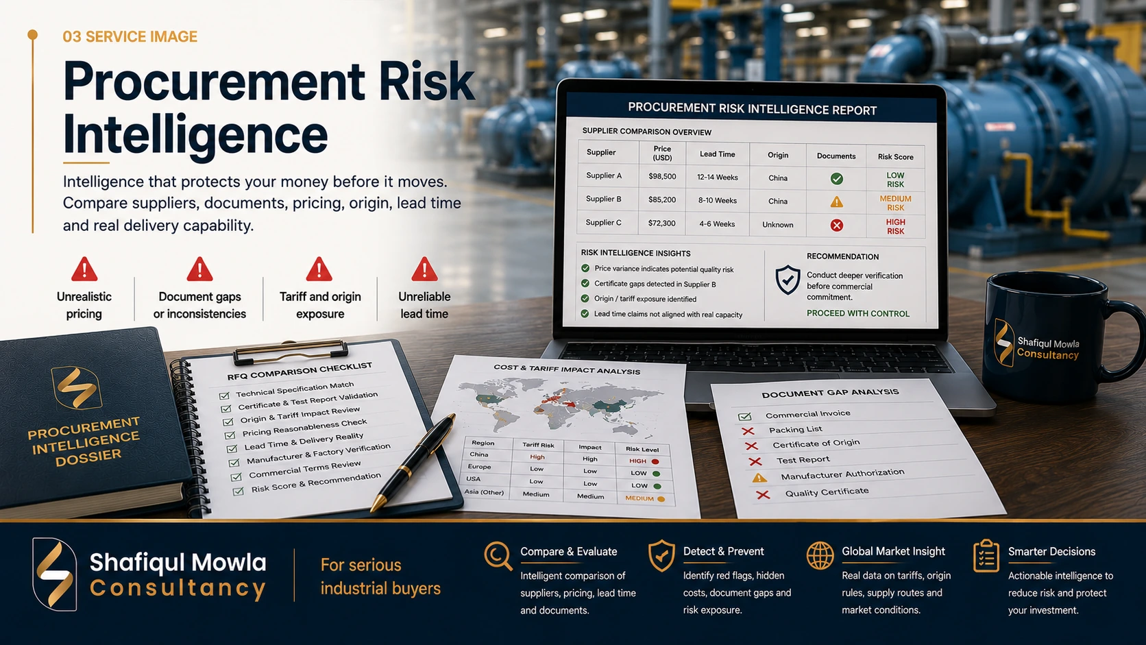 Procurement risk intelligence due diligence service for supplier claims and document readiness