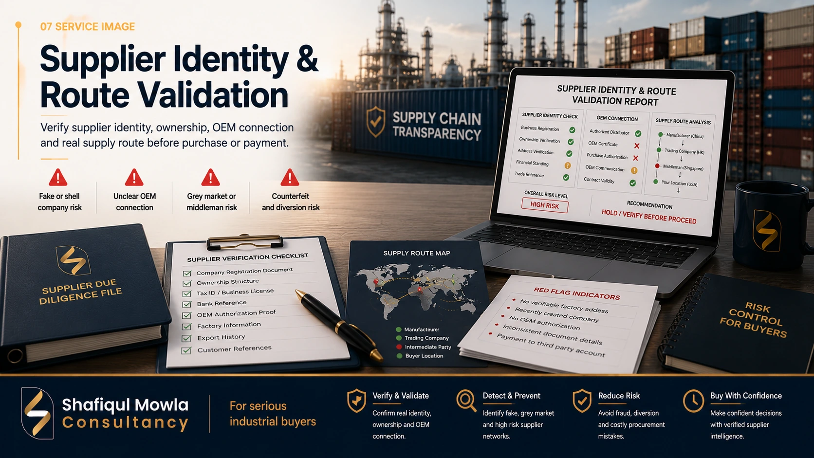 Supplier identity and route validation service for fraud grey market and counterfeit risk control