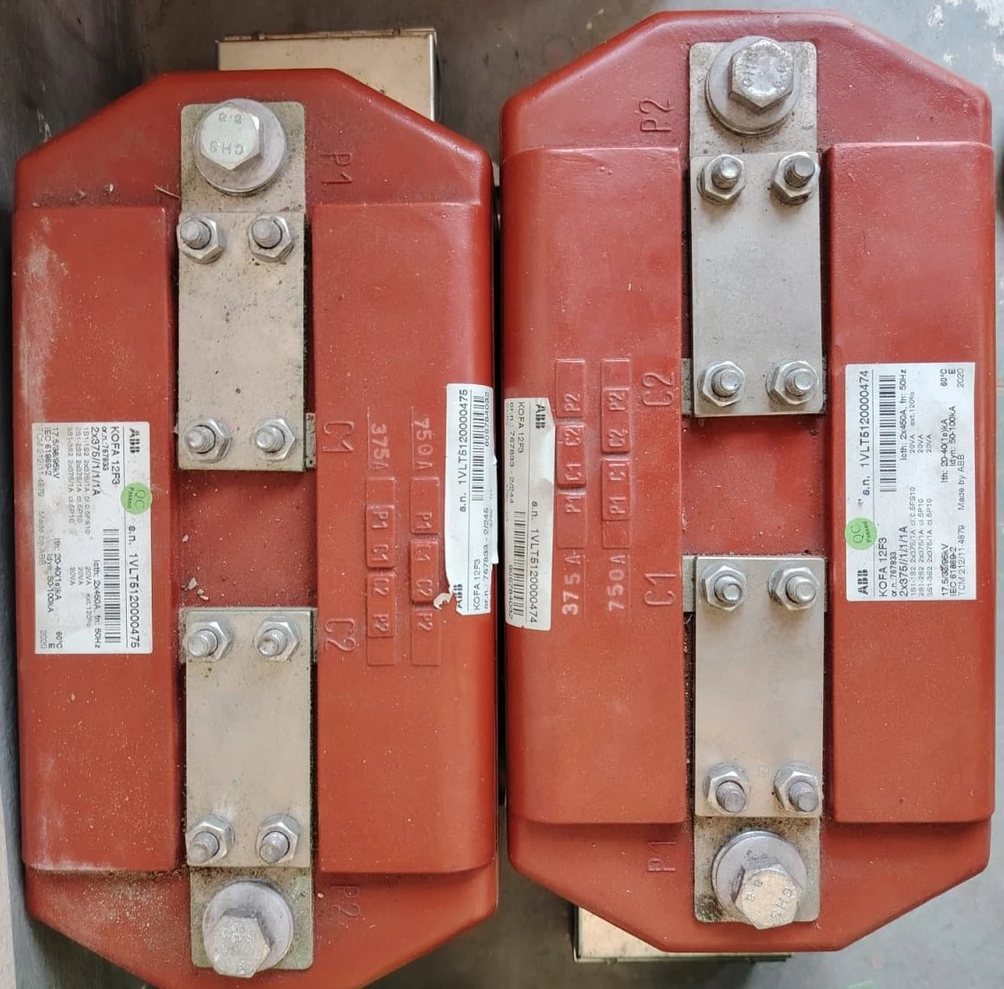 ABB KOFA 12F3 current transformer 2x375/1/1/1A 17.5 kV nameplates and terminal links