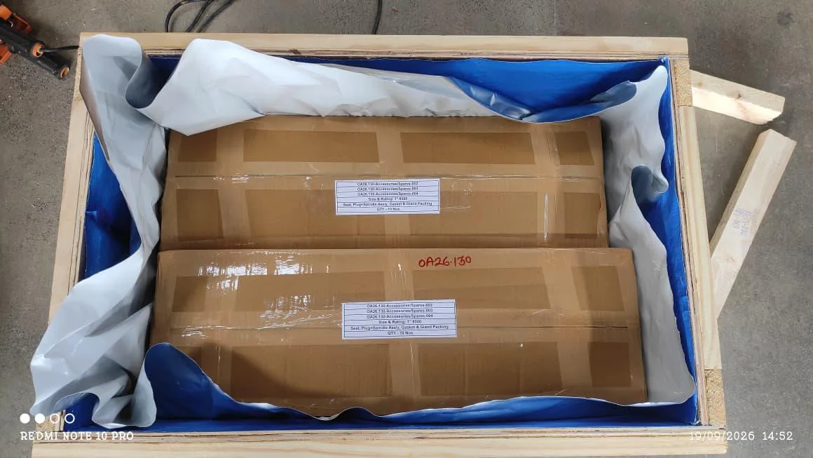 Valve accessories secured inside protective wooden export crate
