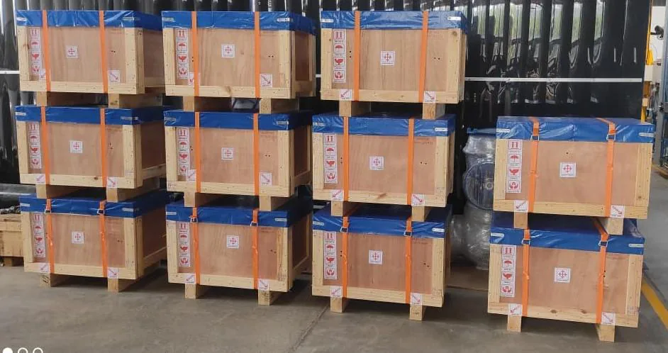 Finished industrial valve export crates ready for cross-border dispatch