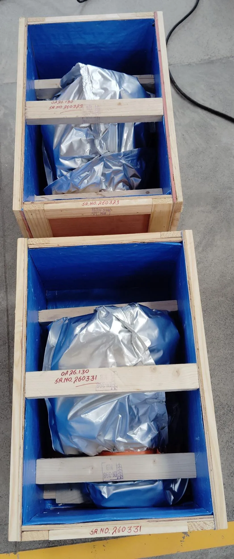 Industrial valve protected inside export wooden crate for cross-border transport