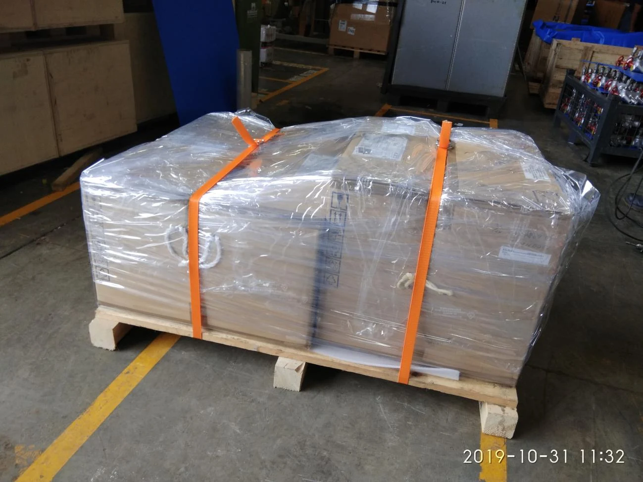 Shinkawa vibration monitoring system pallet wrapped and strapped for shipment